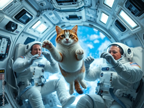 A red cat, flying in outer space to his astronaut friends. photo