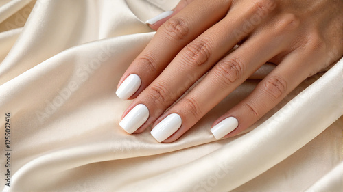 Wallpaper Mural Woman with white manicured nails resting on silk fabric Torontodigital.ca