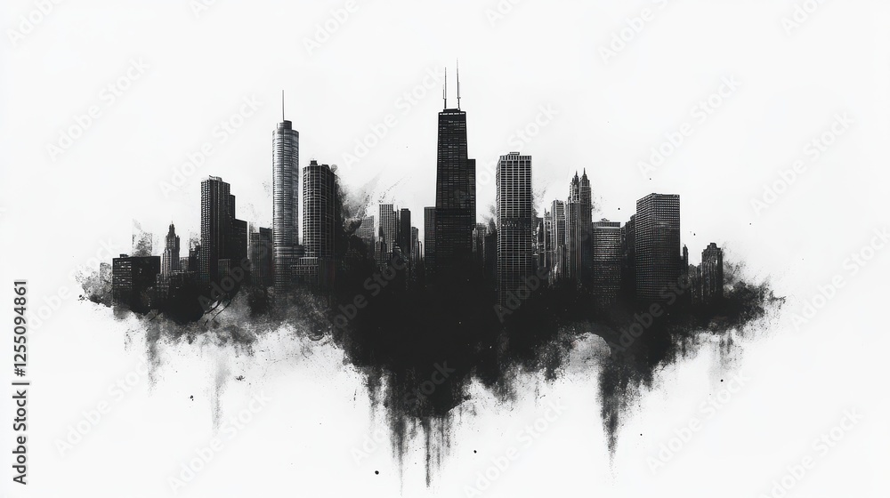 Fototapeta premium Black and white silhouette of the Chicago skyline with a watercolor effect.