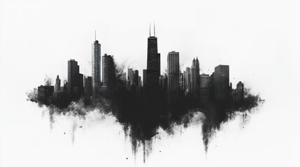 Black and white silhouette of the Chicago skyline with a watercolor effect.