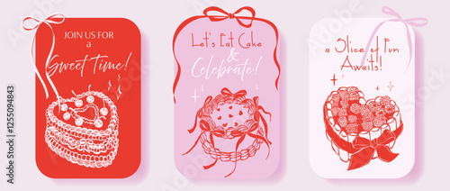Ink minimal hand drawn line art vector illustrations of greeting cards with cakes decorated with ribbons, cherries, and hearts with messages  Sweet Time, Let's Eat Cake & Celebrate, and A Slice of Fun