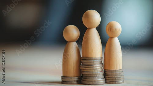 Money Inequality: Wooden Depiction of Rich and Poor on Coin Stacks. Three wooden figures stand on uneven stacks of money, symbolizing financial disparity and economic injustice