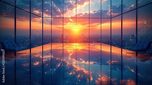 salle de rÃ©union moderne avec grande table, fauteuils bleu, large baie vitrÃ©e et vue sur la ville  HD 8K wallpaper Photographic Image