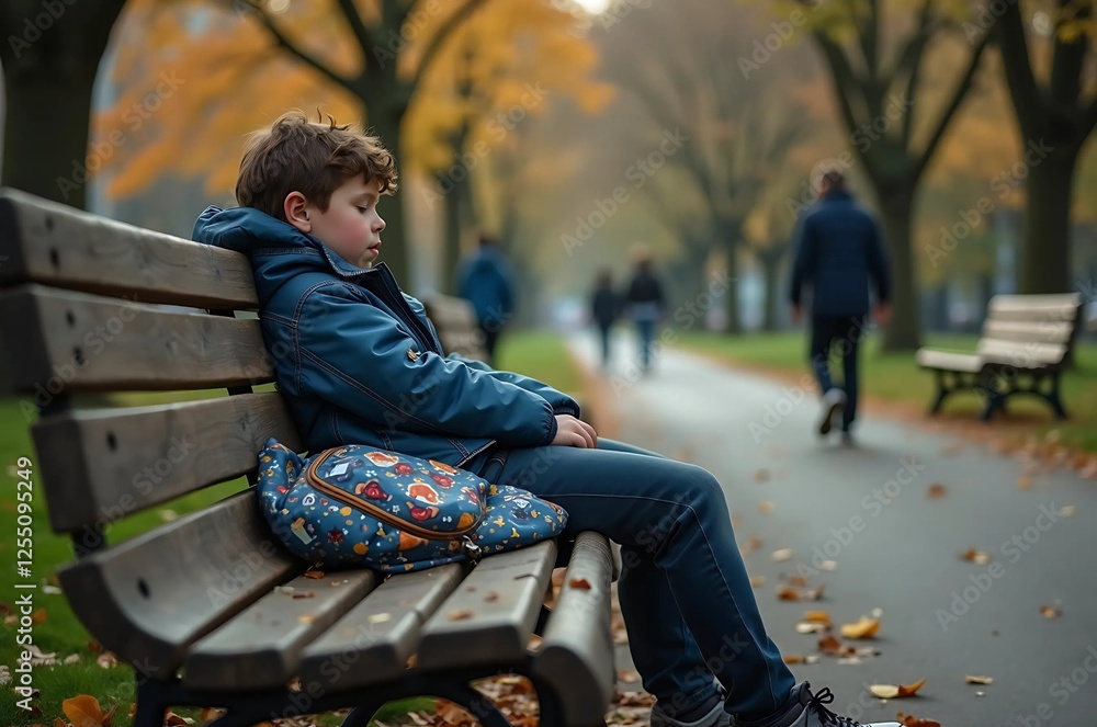 Heartfelt Image of a Young Homeless Boy Sleeping in a Tranquil Park with Autumn Foliage