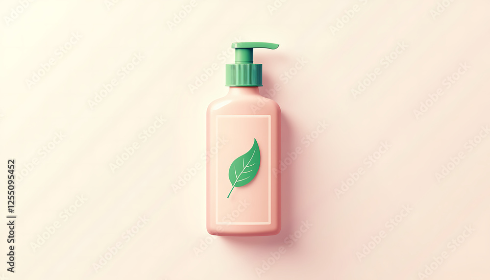 Pink lotion bottle with leaf label on soft background Pink lotion bottle with leaf label on soft background