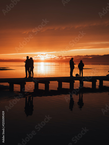 Beautiful sunset. Serene Sunset Silhouettes on the Pier Reflected in the Waters in Delta del Ebro, Catalonia, Spain.