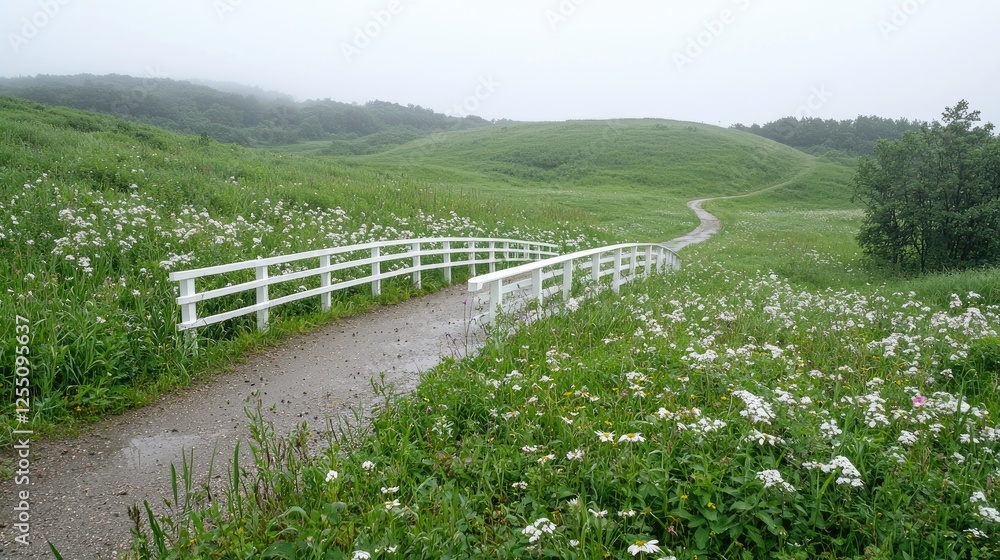 Fototapeta premium Misty path, white bridge, green hills, wildflowers. Peaceful landscape, travel imagery