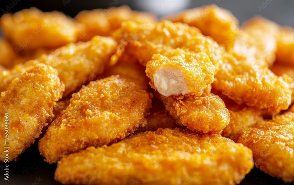 Golden-brown chicken nuggets, close-up, show their perfect shape and texture. Golden-brown chicken nuggets, close-up, show their perfect shape and texture.