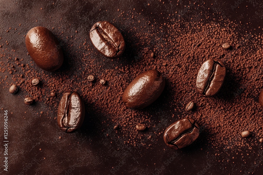 Close-up of Glossy Coffee Beans Arranged on Cocoa-Dusted Surface Close-up of Glossy Coffee Beans Arranged on Cocoa-Dusted Surface