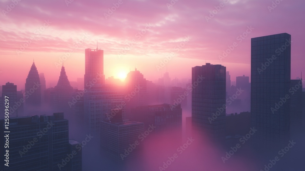 Fototapeta premium City skyline emerging from fog during dawn, showcasing modern skyscrapers.