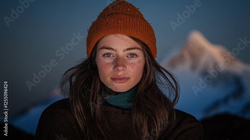 Portrait of Freckled Woman in Orange Knit Hat, Mountain Background photo