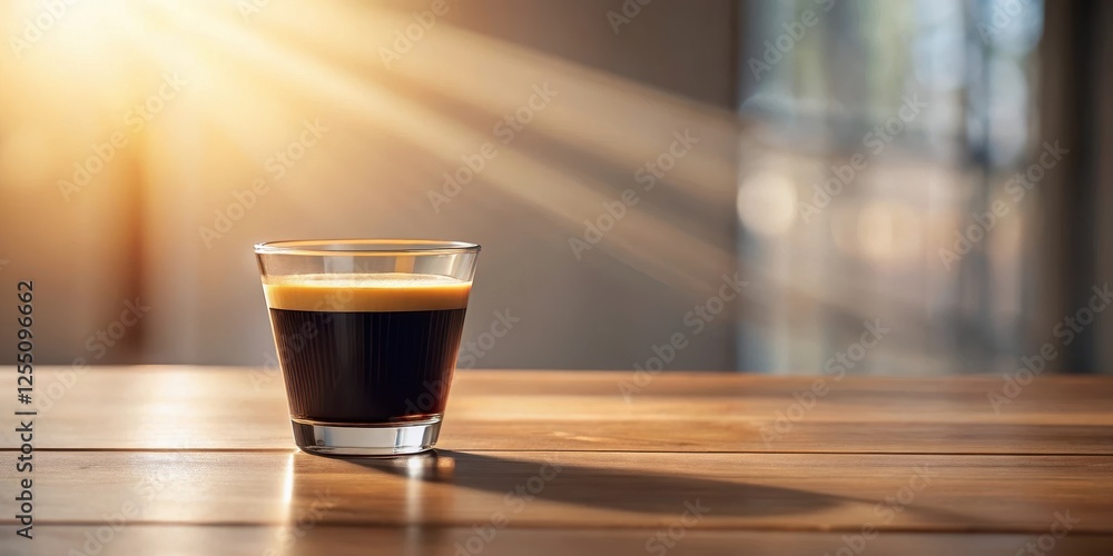 Aromatic Espresso in Glass on Wooden Table with Sunlight Streaming Through Window Aromatic Espresso in Glass on Wooden Table with Sunlight Streaming Through Window