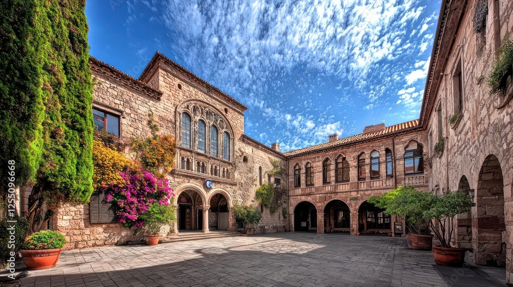 Spanish Courtyard With Sunny Sky And Stone Buildings Spanish Courtyard With Sunny Sky And Stone Buildings