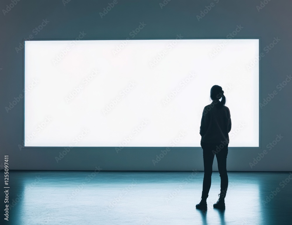 Woman silhouetted against a large, bright, blank screen in a modern gallery. Woman silhouetted against a large, bright, blank screen in a modern gallery.