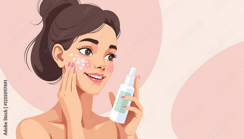 Smiling woman applying skincare product against soft pastel background Smiling woman applying skincare product against soft pastel background