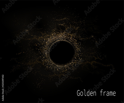 Round isolated frame with golden tinsel mist, design component.