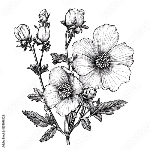 Detailed line drawing of a flowering plant photo