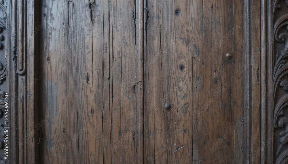 Fototapeta premium Wooden door texture with intricate carvings, scratches, and patina