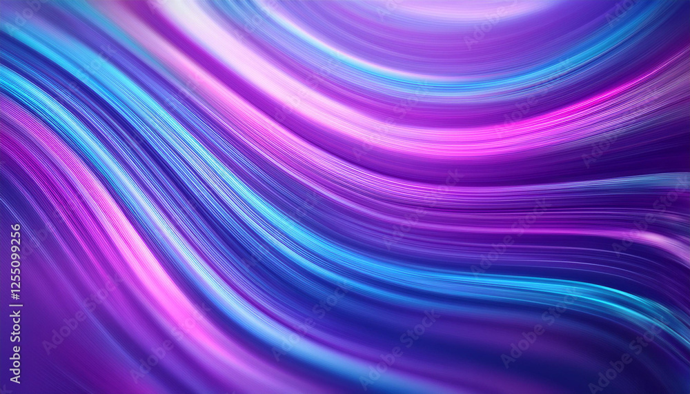 Fototapeta premium Neon ripple pattern texture. Blur purple blue fluorescent lights color gradient. Defocused glow. Iridescent wave. Light curve lines abstract background. Copy space.