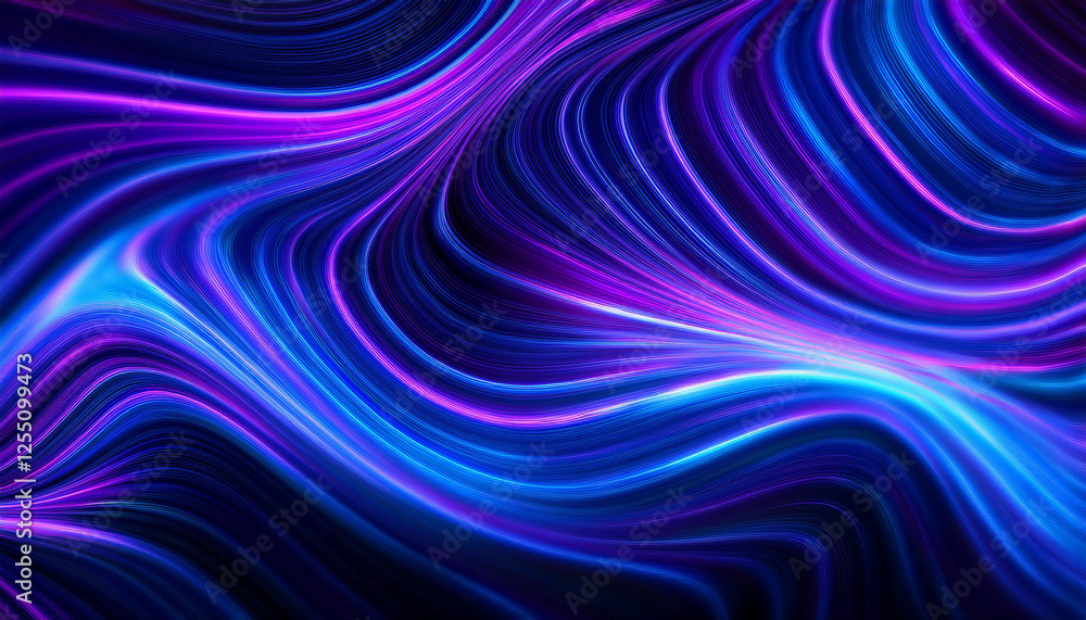 Fototapeta premium Neon ripple pattern texture. Blur purple blue fluorescent lights color gradient. Defocused glow. Iridescent wave. Light curve lines abstract background. Copy space.