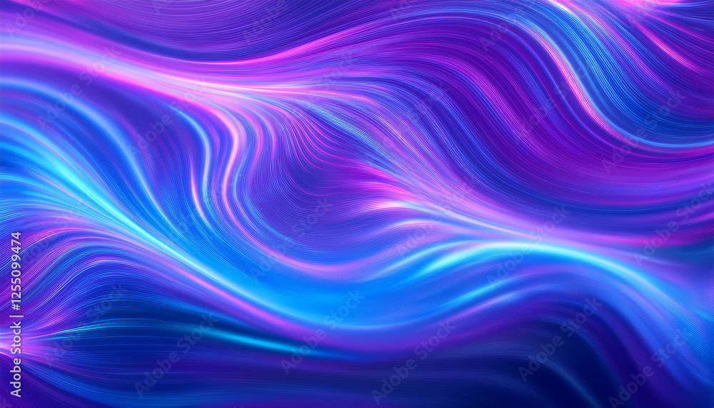 Obraz premium Neon ripple pattern texture. Blur purple blue fluorescent lights color gradient. Defocused glow. Iridescent wave. Light curve lines abstract background. Copy space.