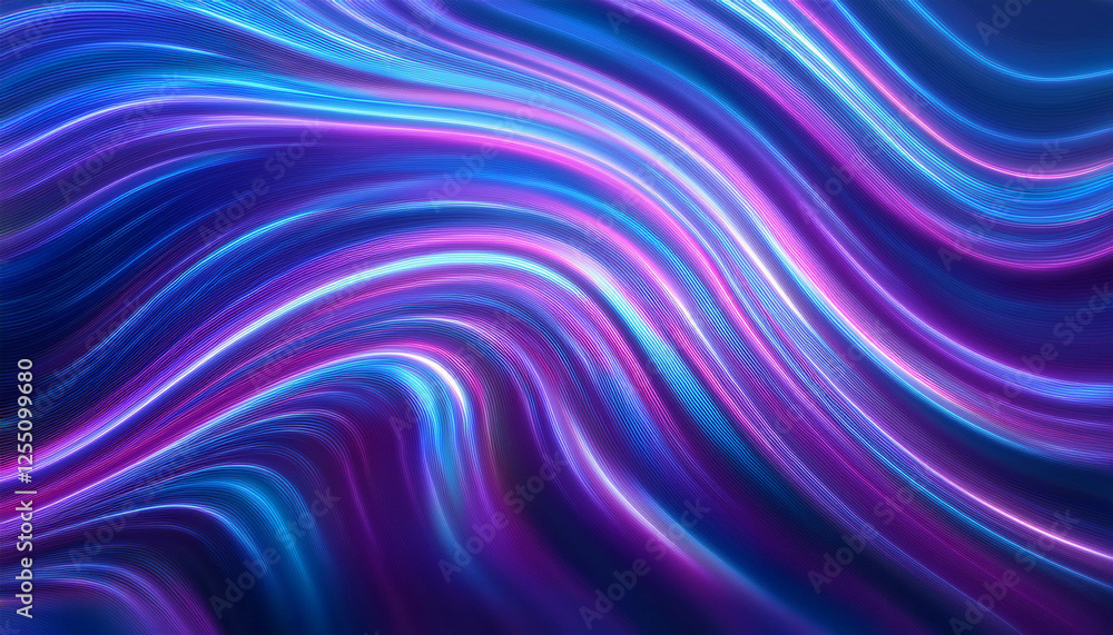 Obraz premium Neon ripple pattern texture. Blur purple blue fluorescent lights color gradient. Defocused glow. Iridescent wave. Light curve lines abstract background. Copy space.