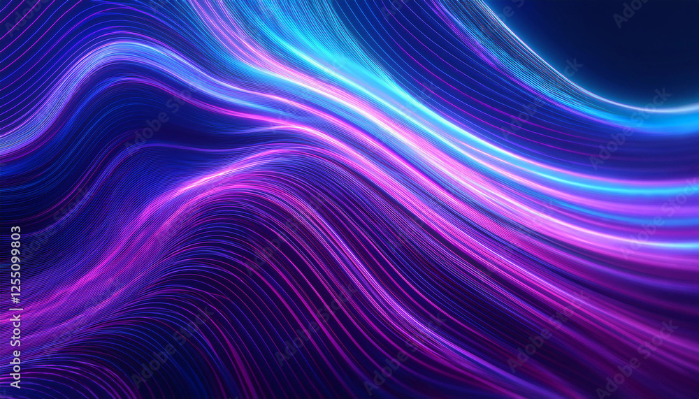 Obraz premium Neon ripple pattern texture. Blur purple blue fluorescent lights color gradient. Defocused glow. Iridescent wave. Light curve lines abstract background. Copy space.
