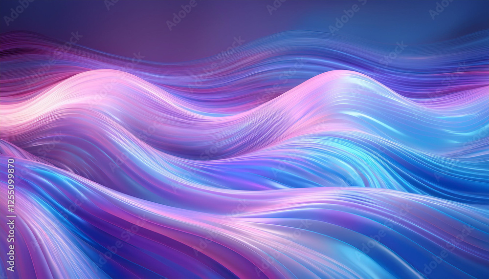 Fototapeta premium Neon ripple pattern texture. Blur purple blue fluorescent lights color gradient. Defocused glow. Iridescent wave. Light curve lines abstract background. Copy space.