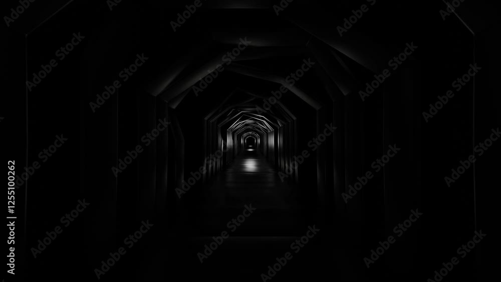 endless forward movement in a dark corridor of arches of different ...