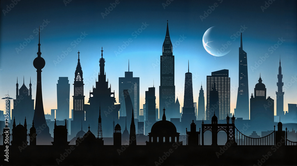 Fototapeta premium Night city skyline with glowing lights and crescent moon