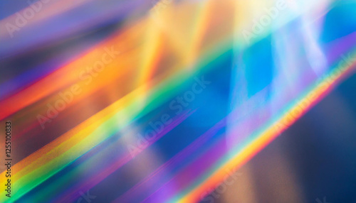 Film leak light overlay texture background with neon and iridescent stripes. Rainbow lens flare effect bokeh, abstract composition for your design.