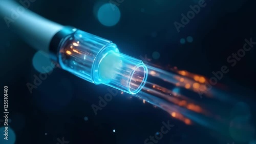 Fiber optic cable transmitting digital data in blue glowing light. Internet connection. Digital infrastructure and communication, data transfer concept. Technology Day, World Internet Day