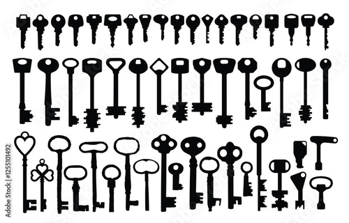Big set of silhouettes of door keys.