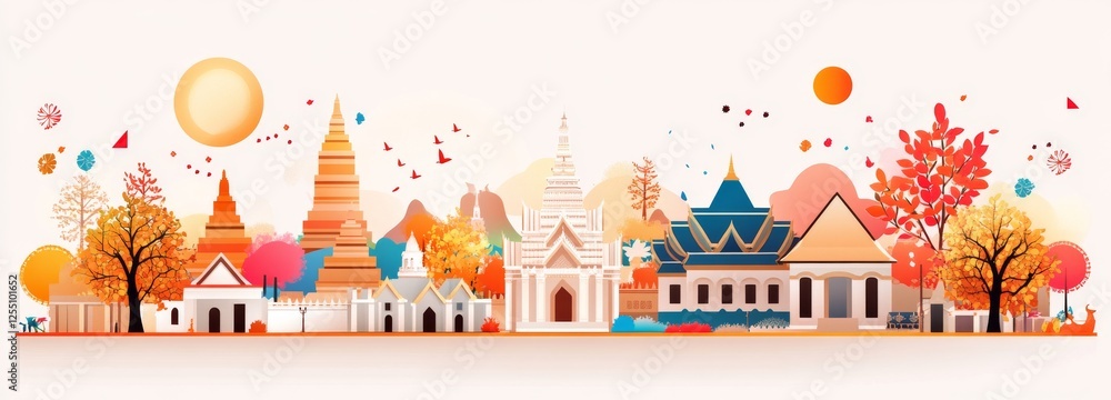 Obraz premium Vibrant Cityscape of Southeast Asia: A stylized, colorful illustration of a bustling Southeast Asian city. The image features traditional architecture, vibrant hues, and whimsical details.