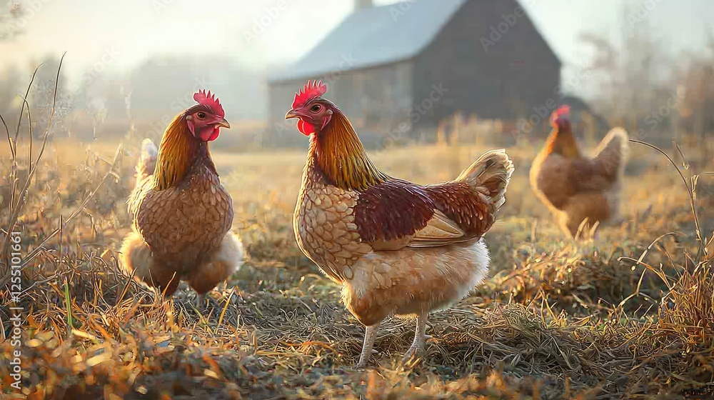 Fototapeta premium Three Hens in a Rural Farm Setting at Dawn