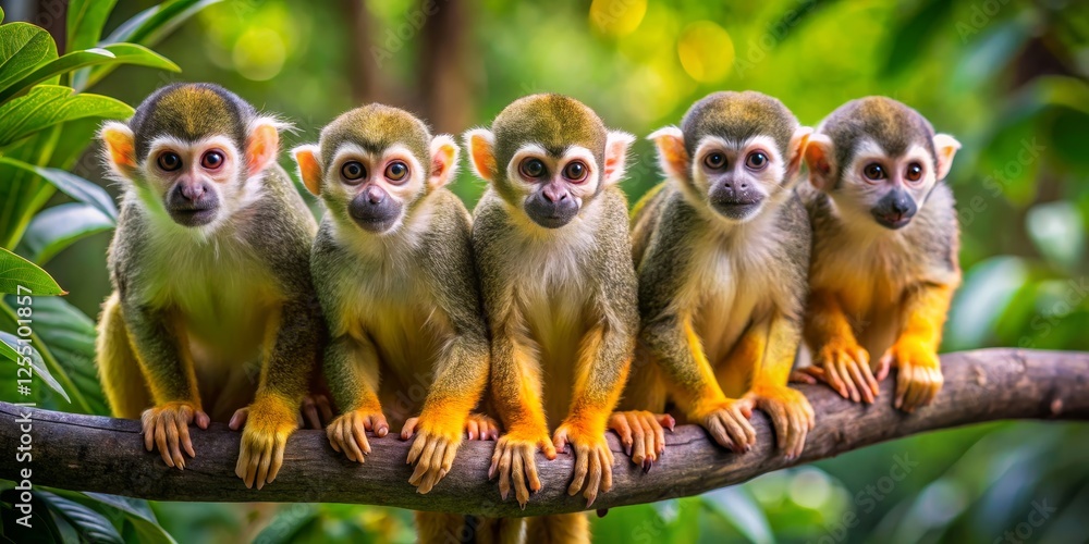 Group of Five Cute Monkeys Sitting on a Branch in Tropical Forest Group of Five Cute Monkeys Sitting on a Branch in Tropical Forest