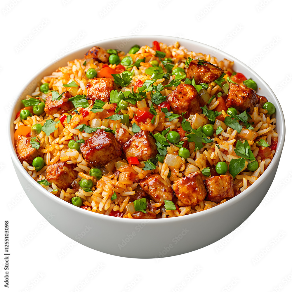 Bowl of savory fried rice with tofu and vegetables Bowl of savory fried rice with tofu and vegetables