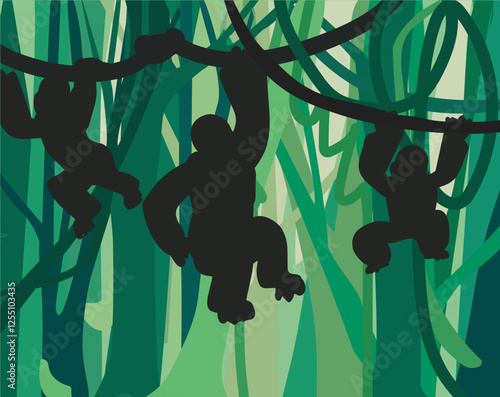 monkey gorilla animal hanging on liana in natural habitat silhouette in jungle landscape flat vector illustration wildlife