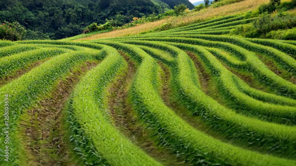 Lush green rice terraces under a clear sky in a mountainous region during daytime Lush green rice terraces under a clear sky in a mountainous region during daytime