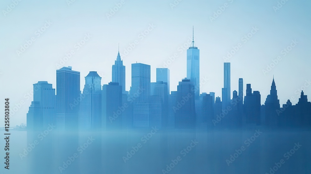 Fototapeta premium Minimalist New York city skyline silhouette in blue and white, featuring iconic landmarks for commercial use.