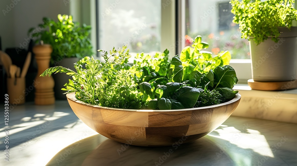 Vibrant Kitchen Herbs in Wooden Bowl, Sunlight, Freshness Vibrant Kitchen Herbs in Wooden Bowl, Sunlight, Freshness