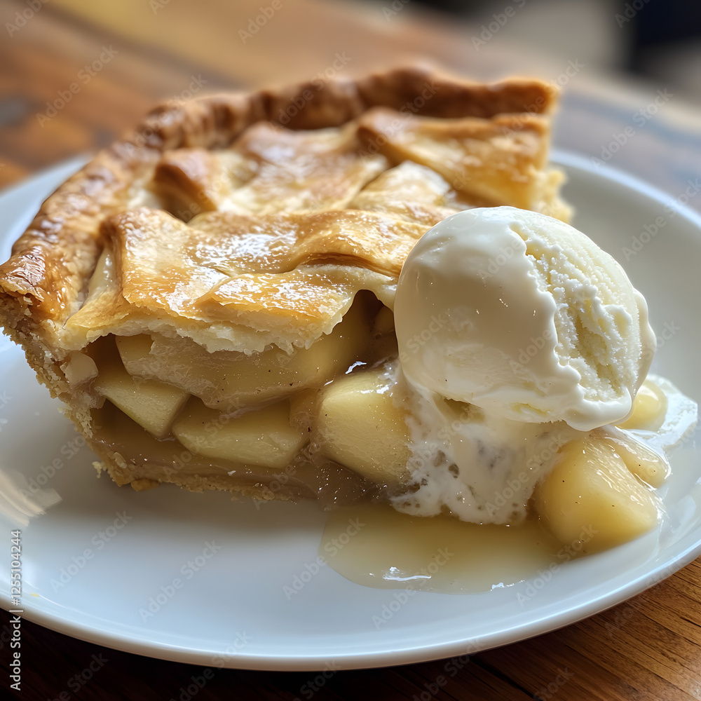 Classic Apple Pie with Golden Crust and Vanilla Ice Cream on a White Plate Classic Apple Pie with Golden Crust and Vanilla Ice Cream on a White Plate