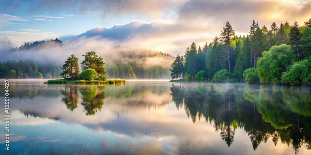 Serene Irish lake at dawn with misty fog rolling in, surrounded by lush greenery and towering trees, dawn, fog, dawn,fog,sunrise Serene Irish lake at dawn with misty fog rolling in, surrounded by lush greenery and towering trees, dawn, fog, dawn,fog,sunrise