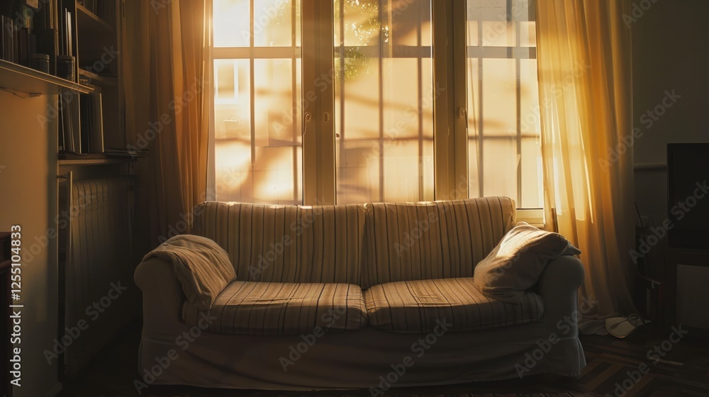 Fototapeta premium Sunlit Sofa Serenity: A Golden Hour Home Scene