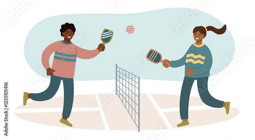 Pickleball concept background. Young adults playing pickleball. Concept of active lifestyle, sport, wellbeing, leisure and outdoor recreation. Vector flat banner.