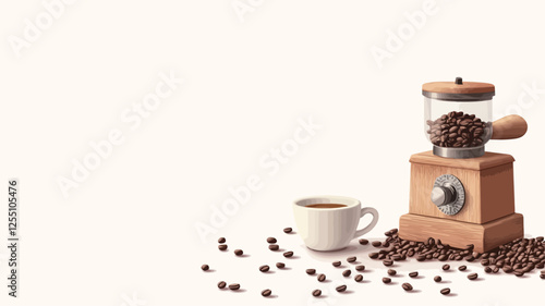 Coffee Grinder, Beans, and Cup on White Background