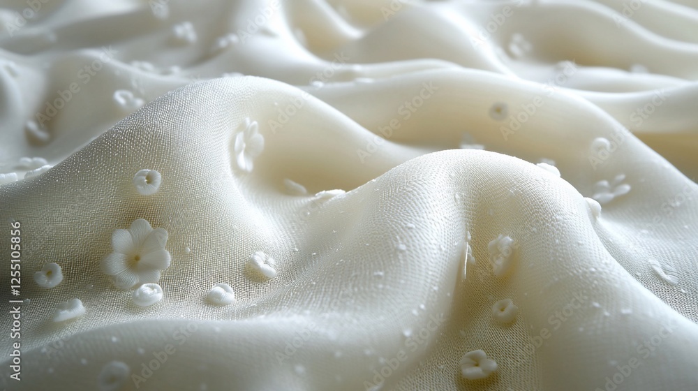 Close-up of elegant, creamy white fabric with delicate floral embroidery, showcasing soft folds and texture. Close-up of elegant, creamy white fabric with delicate floral embroidery, showcasing soft folds and texture.