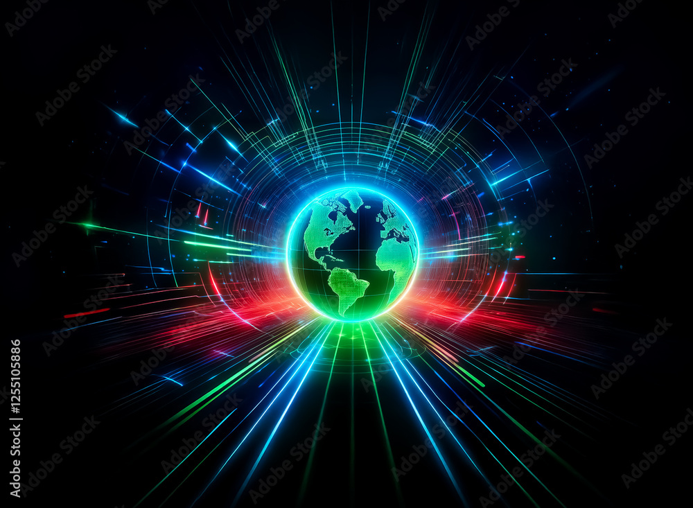 Obraz premium A vibrant green globe of Earth is at the center, radiating streaks of blue, green, and red lights, creating a futuristic, technological scene against a dark background.