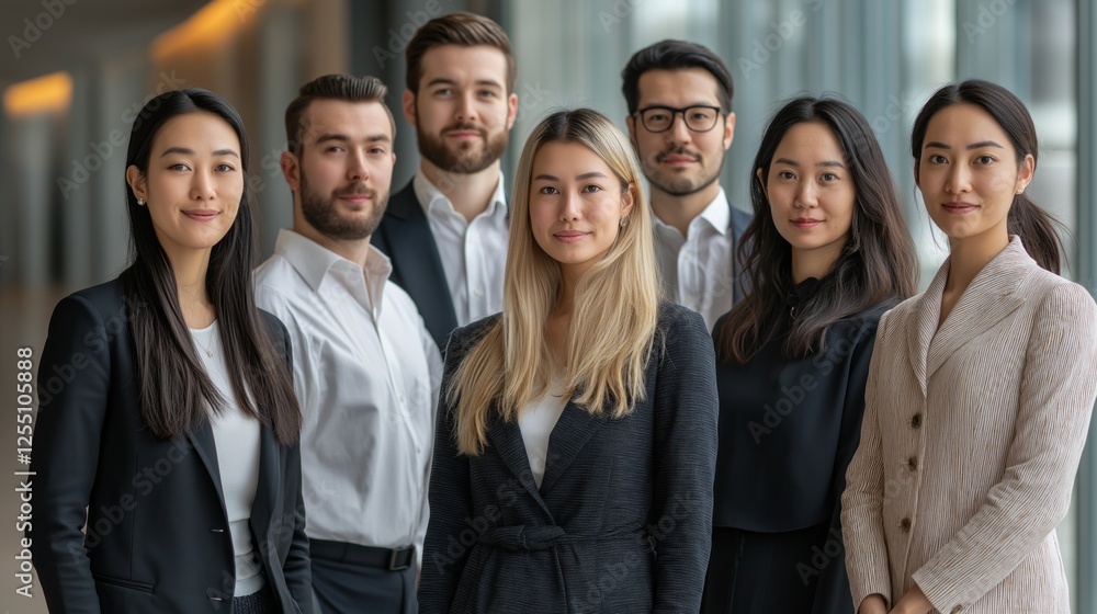 In a sleek, contemporary office setting filled with natural light, a group of eight diverse professionals stands confidently together In a sleek, contemporary office setting filled with natural light, a group of eight diverse professionals stands confidently together