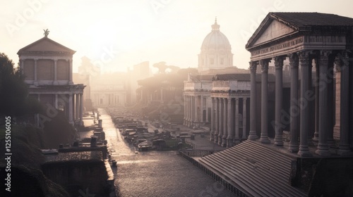 Roman Forum sunrise, ancient ruins, hazy morning, historical site, travel photography photo